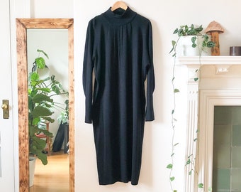Vintage 60s Black Minimal Turtleneck Sweater Dress / Long Sleeve Black Minimal Pullover Sweater Dress L