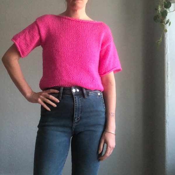 Vintage 80s Magenta Pink Hand Made Knit Short Sleeve Pullover Sweater S