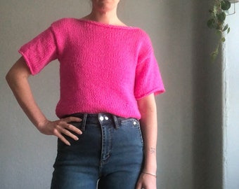 Vintage 80s Magenta Pink Hand Made Knit Short Sleeve Pullover Sweater S