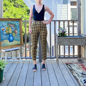 Vintage 80s Plaid Black and Yellow Checkered Wool Pants XS