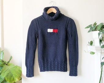 Vintage 90s Tommy Hilfiger Navy Blue Turtle Neck Knit Cotton Pullover Sweater S
