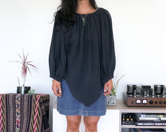 Vintage 90s Faded Black Cotton Mexican Boho Oversized Slouchy Top OS