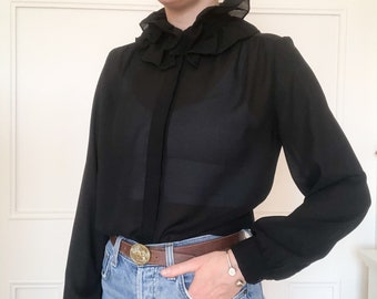 Vintage 80s Victorian Black Semi Sheer Ruffle Neck Long Sleeve Blouse S