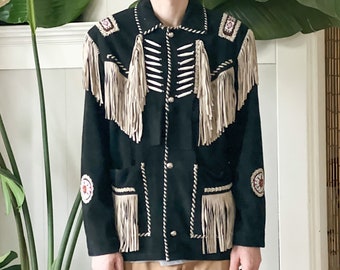 Vintage 60s Black and Brown Beaded Leather Tassel Ceremony Performer Jacket L