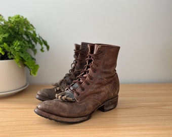 Vintage 80s Brown Leather Distressed Lace Up Justin Roper Ankle Boot 8