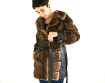 Vintage 70s Brown Fur Coat / Leather and Fur Brown Panel Jacket / Fur Belted Coat / 70s Brown Fur Coat / 70s Glam Jacket Elegant Fur Coat S
