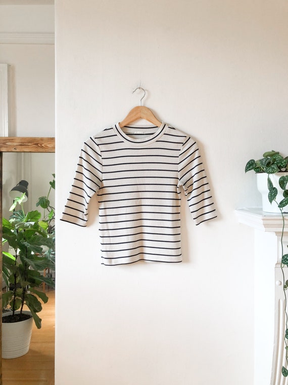 Vintage 90s White and Black Striped Ribbed Cotton