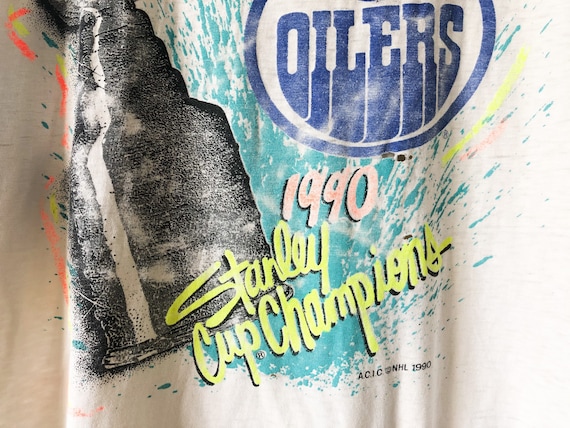 Vintage 1990 Edmonton Oilers Distressed White NHL… - image 3