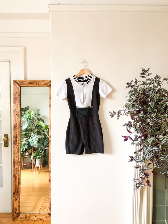 Vintage 90s Womens Work Out Onesie / Black White S