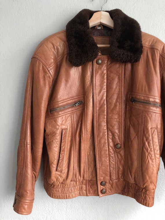 Vintage 70s Brown Leather Fur Collar Military Cla… - image 8