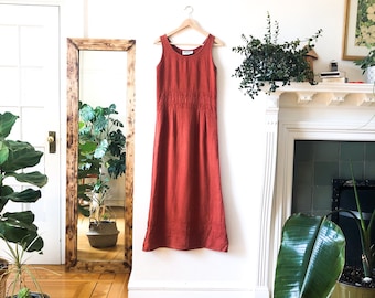 Vintage 90s Burnt Orange Linen Long Maxi Dress