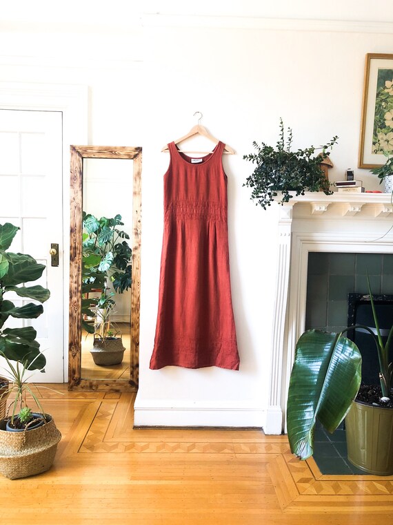 Vintage 90s Burnt Orange Linen Long Maxi Dress
