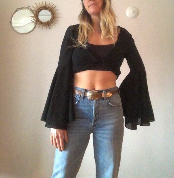 Vintage 60s Black Flutter Sleeve Tie Front Blouse