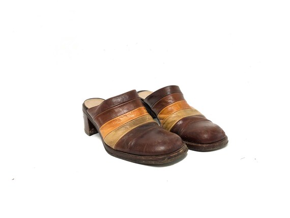 Vintage 70s Brown Leather Slide Sandals / Retro 7… - image 3
