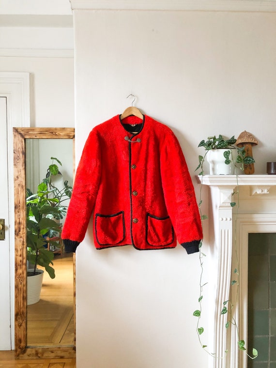 70s Vintage Red Fur Coat / Black Trim Red Fur Bomber Jacket / Red Teddy  Fuzzy Glam Fur Coat L - Etsy