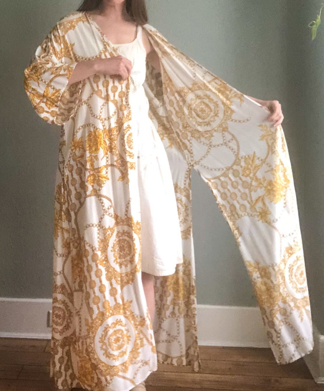 Vintage 80s White and Gold Long Festival Night Gown Robe - Etsy