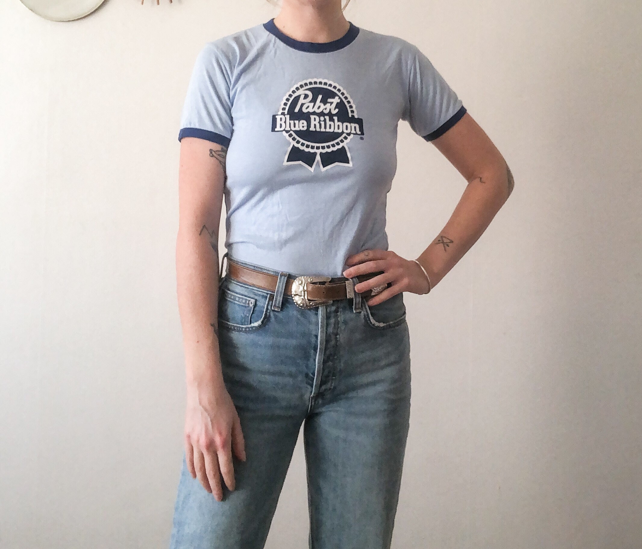Vintage 80s Pabst Blue Ribbon Baby Blue Ringer Graphic Print
