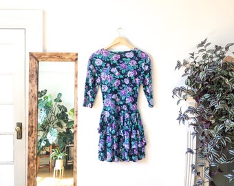 Vintage** 90s Cotton Floral Print Fitted Stretchy Mini Dress / 90s Grunge Cotton Floral Print Summer Dress S