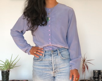 Vintage 80s Lavender Silk Button Up Blouse