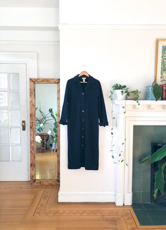 Vintage 90s Black Cotton Long Sleeve Shirt Dress … - image 1