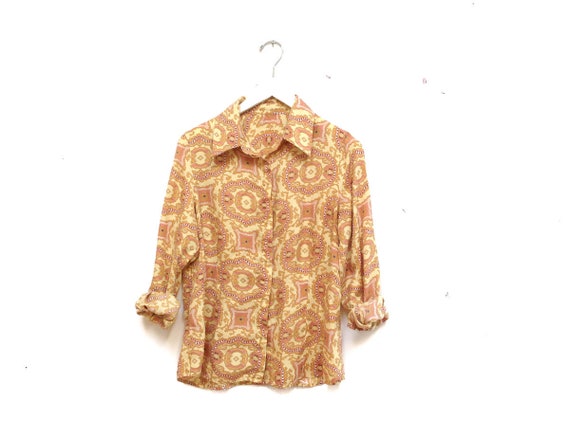Vintage 90s Silk Paisley Blouse / Pastel Yellow Ro