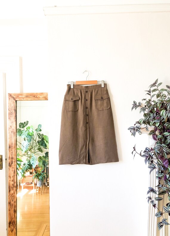 Vintage 60s Tan Button Front High Waist Skirt 26 … - image 1