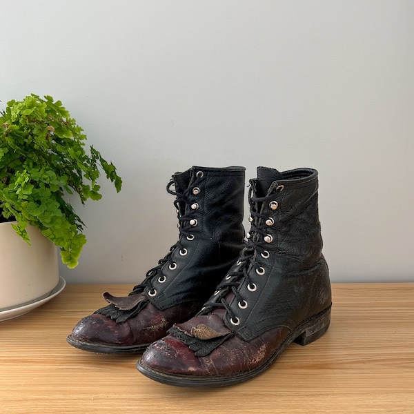 Vintage 80s Black Leather Roper Justin Fringe Boots 8