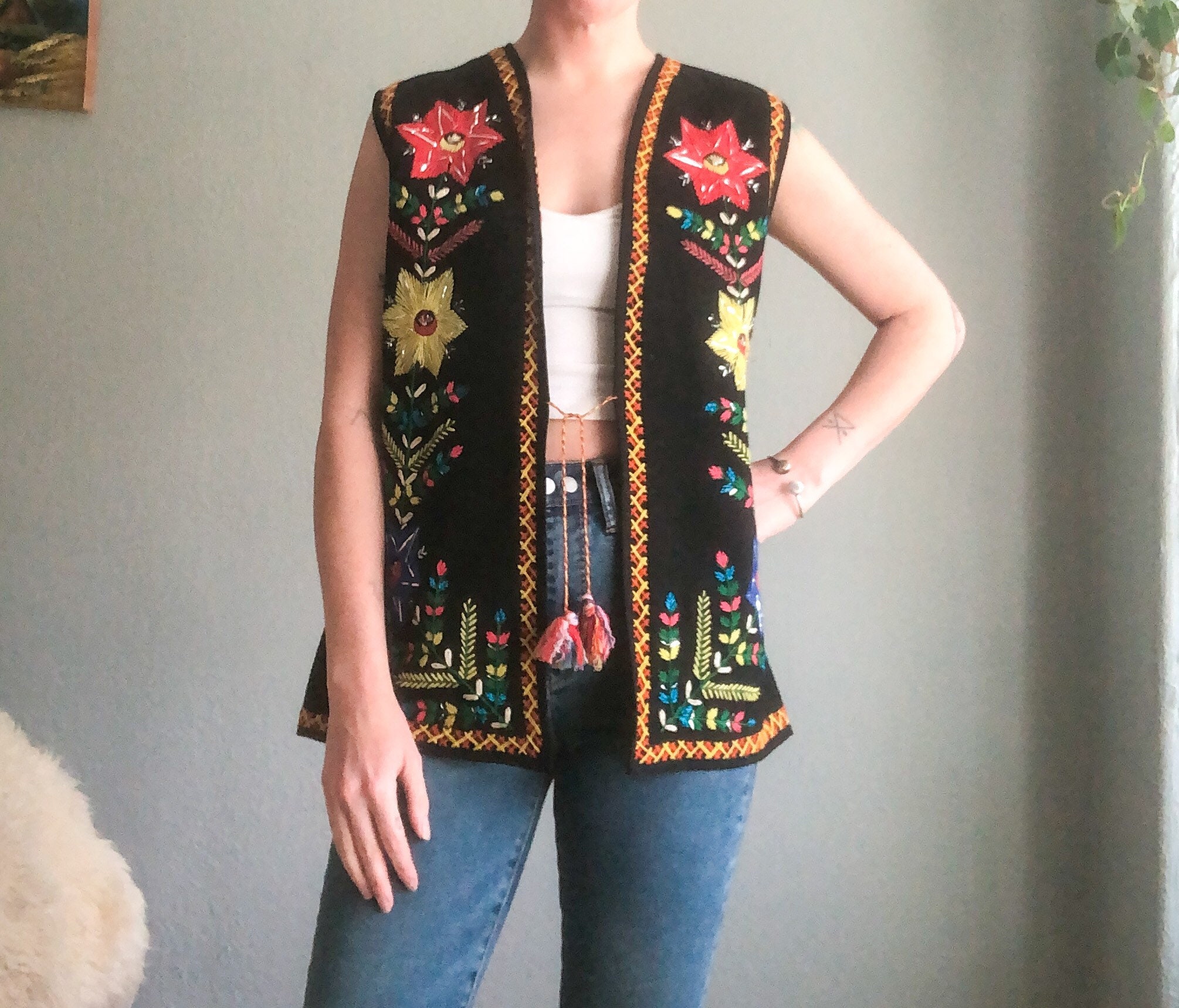 Vintage 70s Black Wool Embroidered Folk Art Vest S - Etsy Vintage 70s Black Wool Embroidered Folk Art Vest S - Etsy