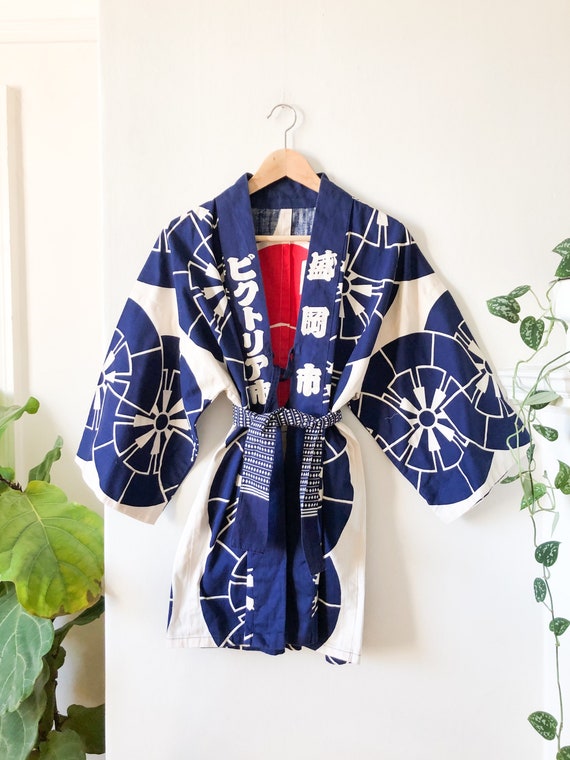 Vintage 80s White, Blue and Red Asian Kimono Robe - image 9