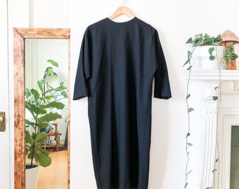 Vintage 80s Minimalist Plain Black Wool Simple Sack Dress M