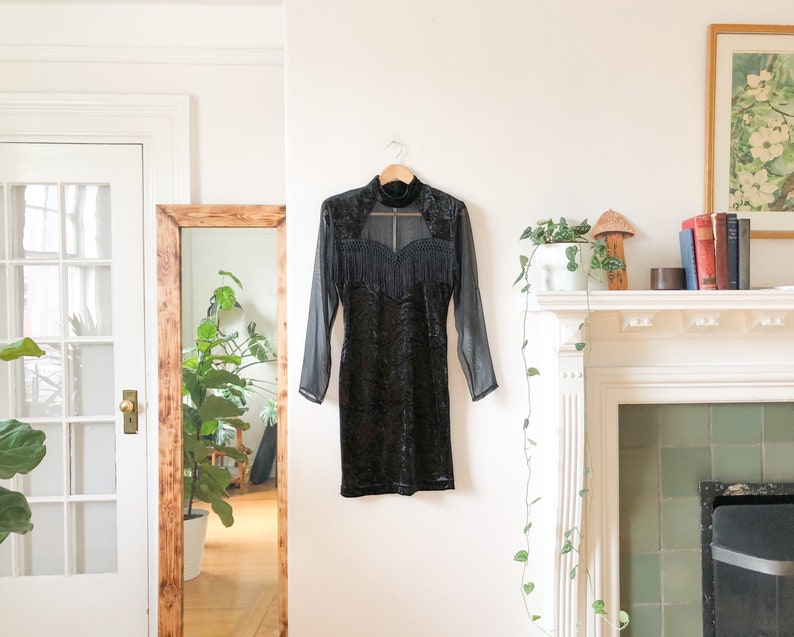 Vintage 80s Black Velvet Sheer Long Sleeve Fringed Wiggle Mini Dress S Western Fringed Black Mini Dress S M 910