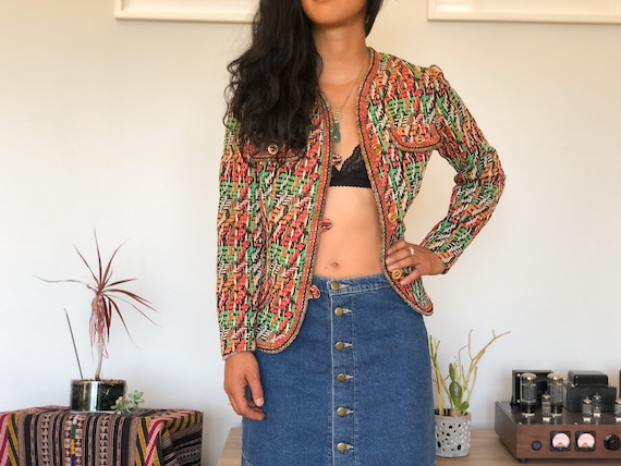 Vintage 60s Knit Rainbow Abstract Colorful Blazer… - image 2