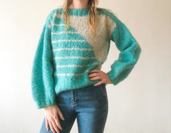 Vintage 70s Turquoise and Grey Boucle Knit Pullover Minimalist Striped Pullover Sweater S