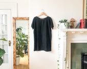 Vintage 90s Black Linen Tunic Simple Minimalist Black Linen Dress Blouse Top S