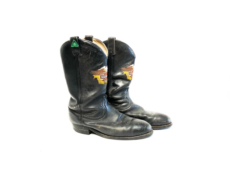 Vintage 70s Black Leather Cowboy Motorcycle Steel Toe Western Boots