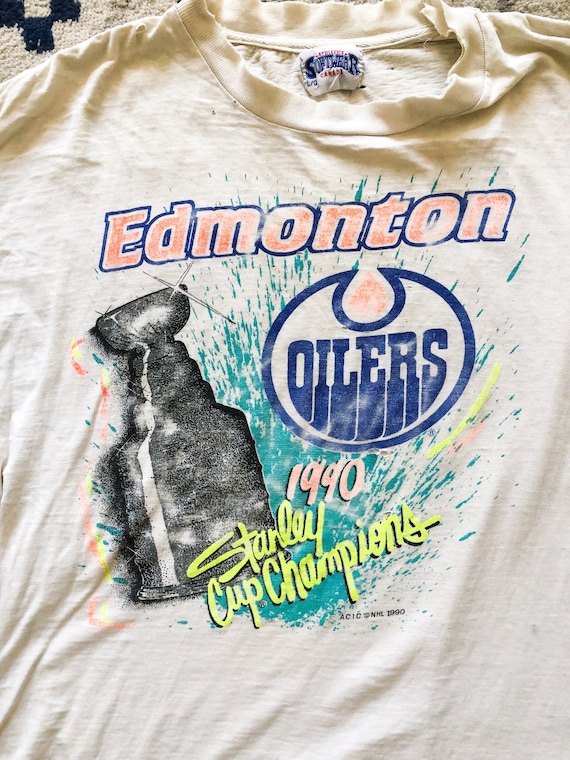 Vintage 1990 Edmonton Oilers Distressed White NHL… - image 2