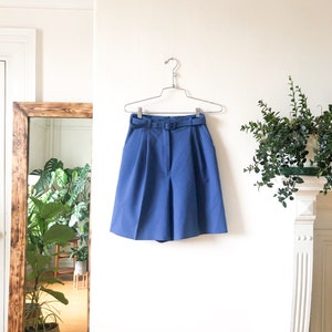 Vintage 80s Blue High Waist Belted Dress Shorts // Solid Blue High Waist Granny Shorts S