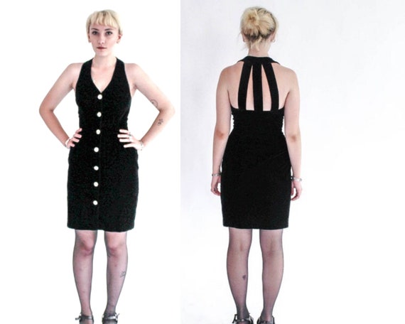 Vintage 80s Black Velvet Cage  Dress / Black Velv… - image 1