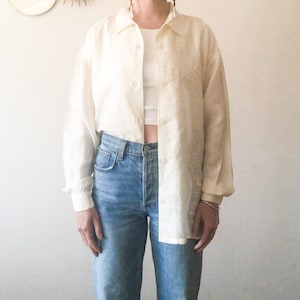 Vintage 80s HYPE White Silk Embroidered Long Sleeve Button Up Blouse M