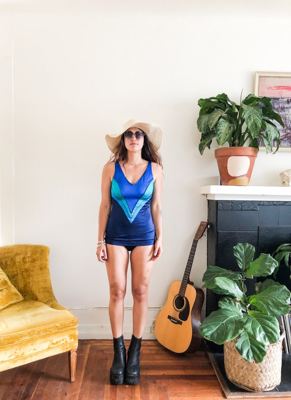 Vintage 70s Navy Swimsuit 70s Pin Up One Piece Bath Gem