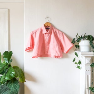 Vintage 80s Pastel Pink Short Sleeve Button Oxford Emblem Crop Top S