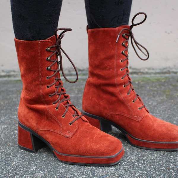 Reserved for Tanya 70s SUEDE PLATFORMS // burnt orange boho tall leather lace up platforn heel ankle boots 7 7.5