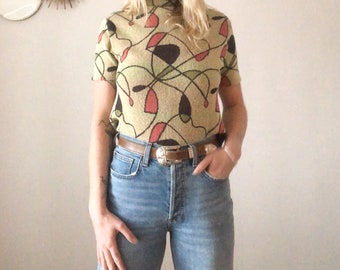 Vintage 60s Avant-Garde Abstract Art Graphic Print Mockneck Mod Top S