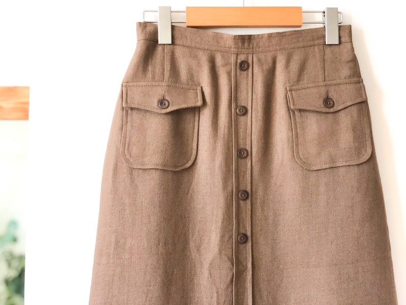 Vintage 60s Tan Button Front High Waist Skirt 26 / Tan Cargo Safari Skirt / Button Front Cargo Military High Waist Skirt 26 image 3