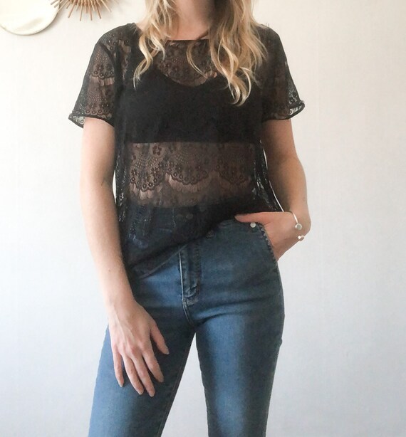 Vintage 80s Black Lace Sheer See Thru Short Sleeve Pullover