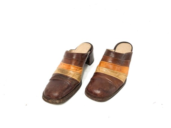 Vintage 70s Brown Leather Slide Sandals / Retro 7… - image 4