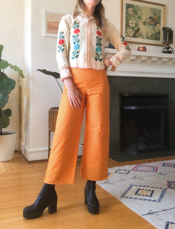 Vintage 70s Handmade Orange Checkered Wide Leg High Waist Flood Pants XS 25  26 -  Canada