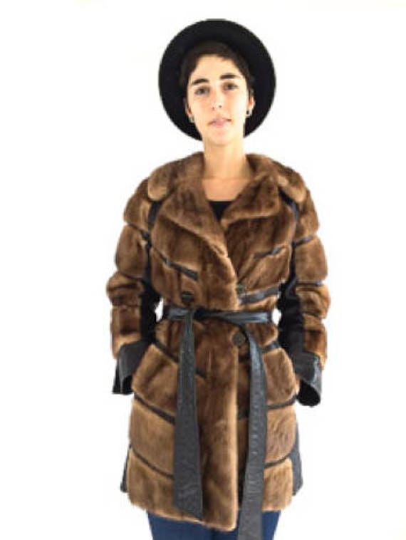 Vintage 70s Brown Fur Coat / Leather and Fur Brown Panel