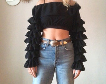 Vintage 80s Black Tiered Salsa Rumba Dance Crop Top S