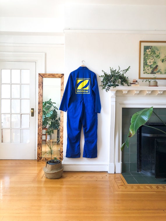 Vintage 70s Zodiac Blue and Yellow Mens Coveralls… - image 1